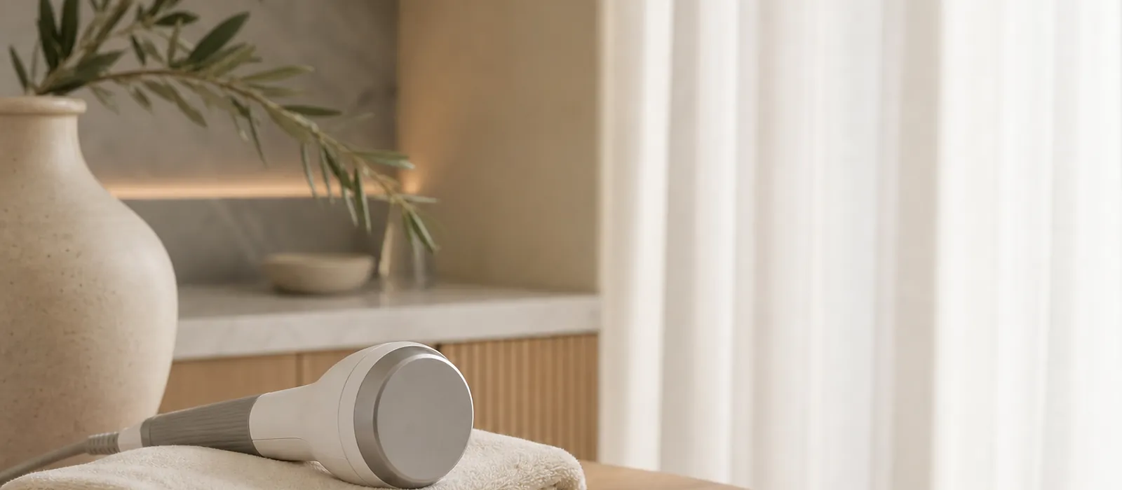 A calm treatment room detail: a folded towel and a body-contouring handpiece on a pale oak surface