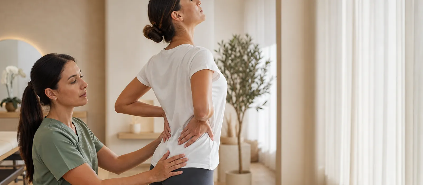 A physiotherapist guiding a patient through a gentle standing spinal movement in a naturally lit clinic room
